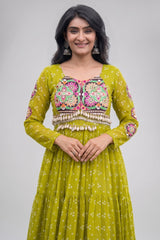 Parrot Green Georgette Printed Flared Anarkali Kurti with Kachchi Work