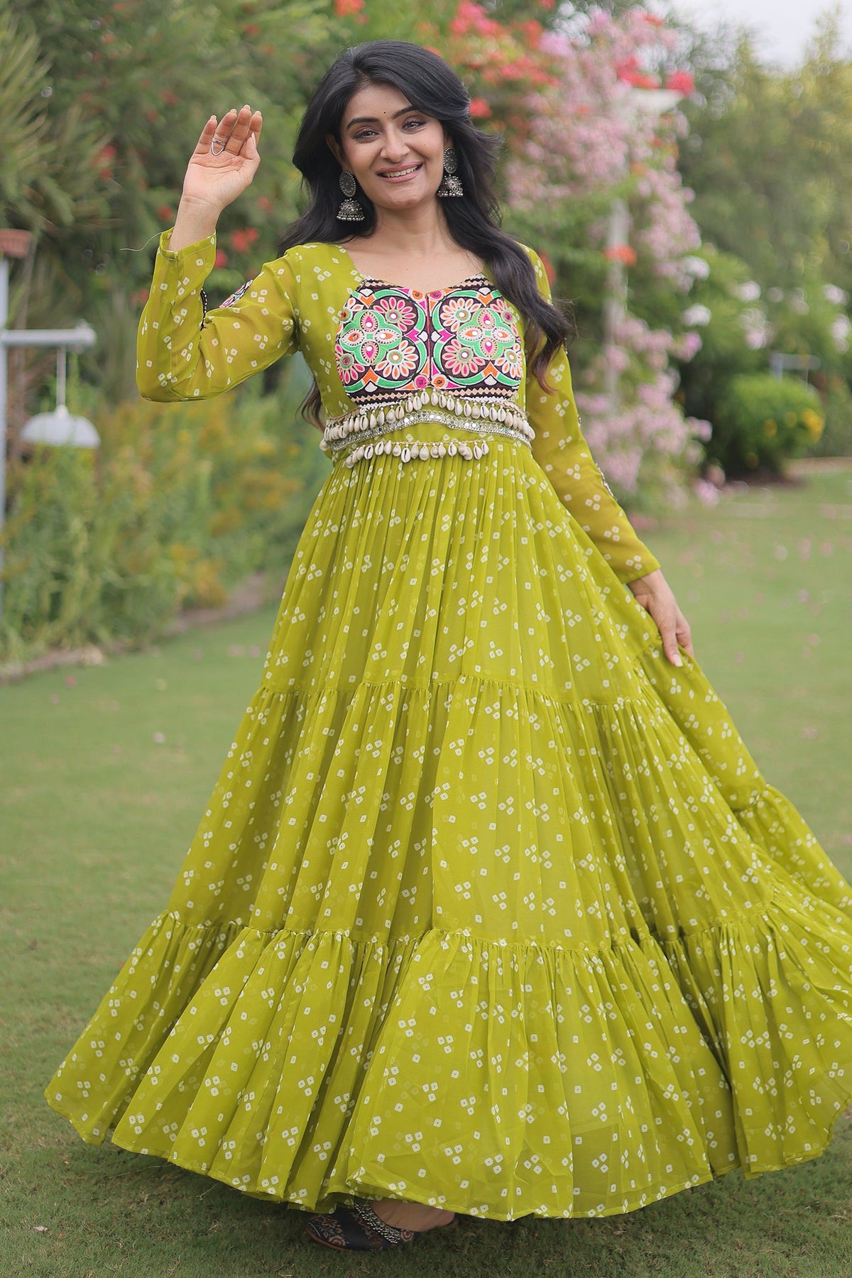 Parrot Green Georgette Printed Flared Anarkali Kurti with Kachchi Work