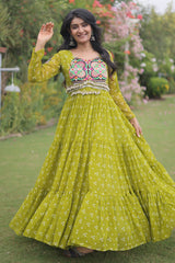 Parrot Green Georgette Printed Flared Anarkali Kurti with Kachchi Work
