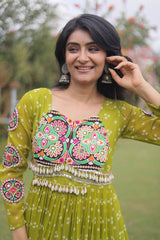 Parrot Green Georgette Printed Flared Anarkali Kurti with Kachchi Work