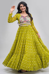 Parrot Green Georgette Printed Flared Anarkali Kurti with Kachchi Work