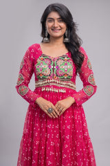Pink Georgette Printed Flared Anarkali Kurti with Kachchi Work