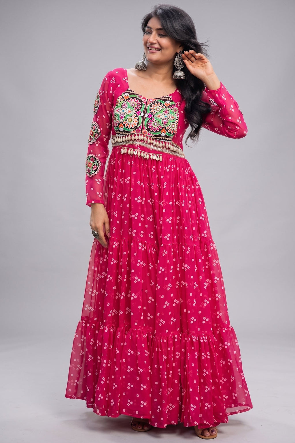 Pink Georgette Printed Flared Anarkali Kurti with Kachchi Work