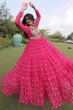 Pink Georgette Printed Flared Anarkali Kurti with Kachchi Work