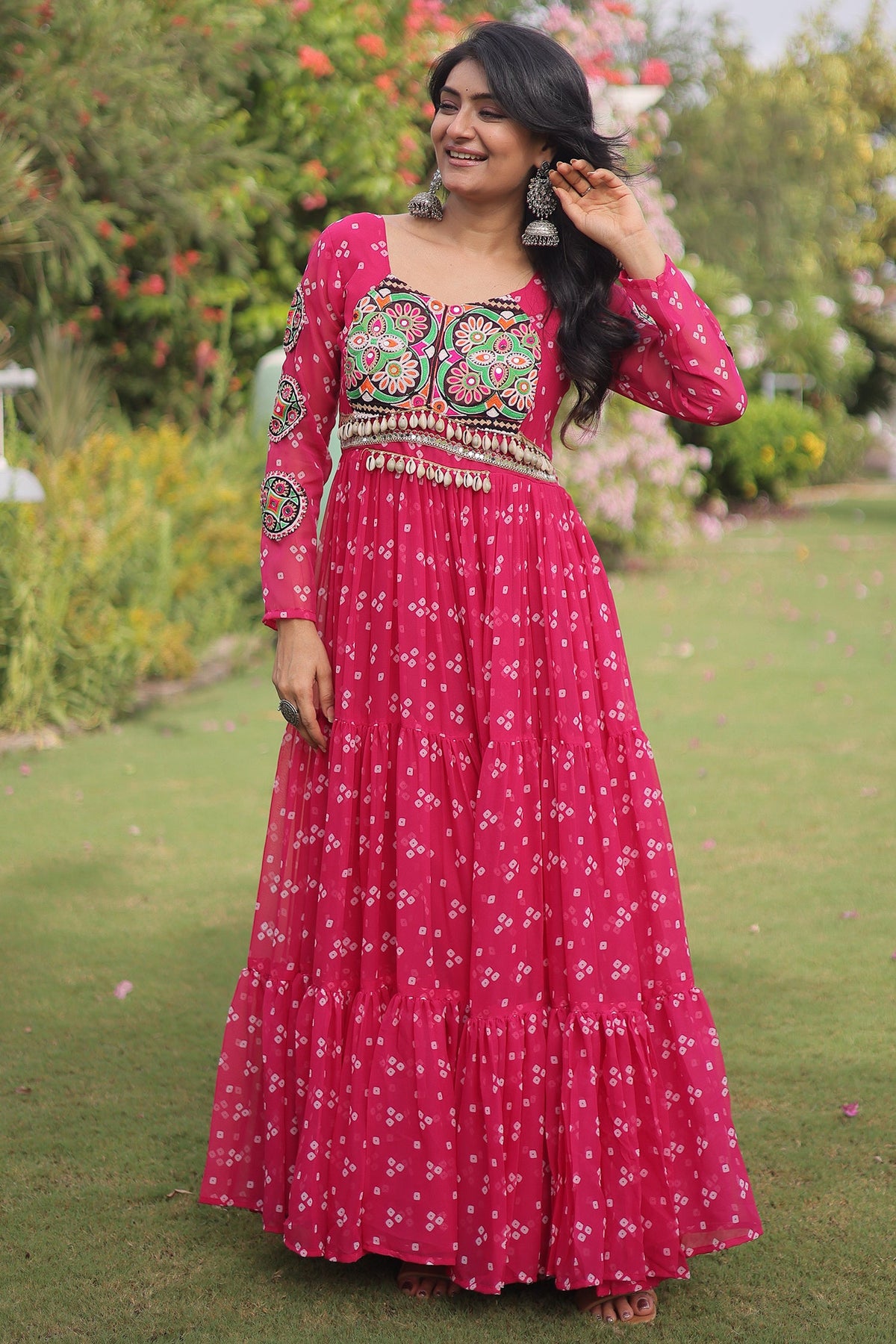Pink Georgette Printed Flared Anarkali Kurti with Kachchi Work
