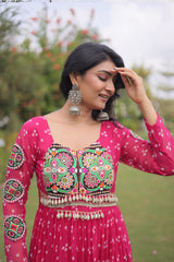 Pink Georgette Printed Flared Anarkali Kurti with Kachchi Work