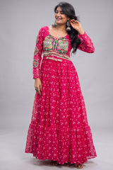 Pink Georgette Printed Flared Anarkali Kurti with Kachchi Work