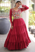 Maroon Rayon Kachchi Mirror Worked Anarkali Kurti