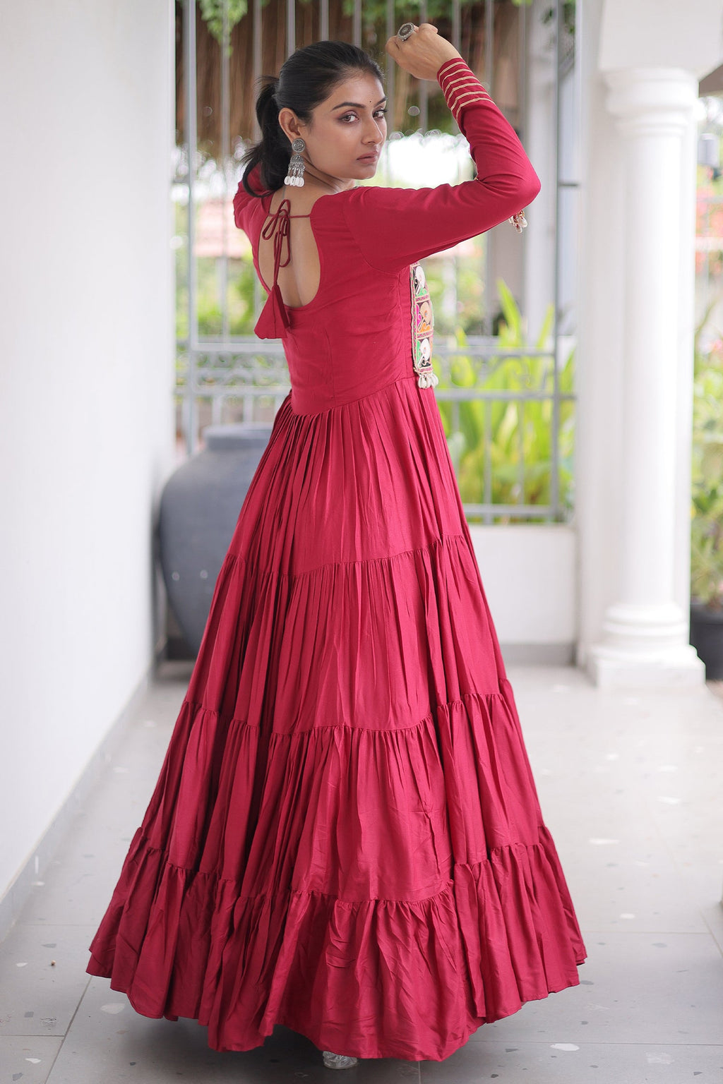 Maroon Rayon Kachchi Mirror Worked Anarkali Kurti