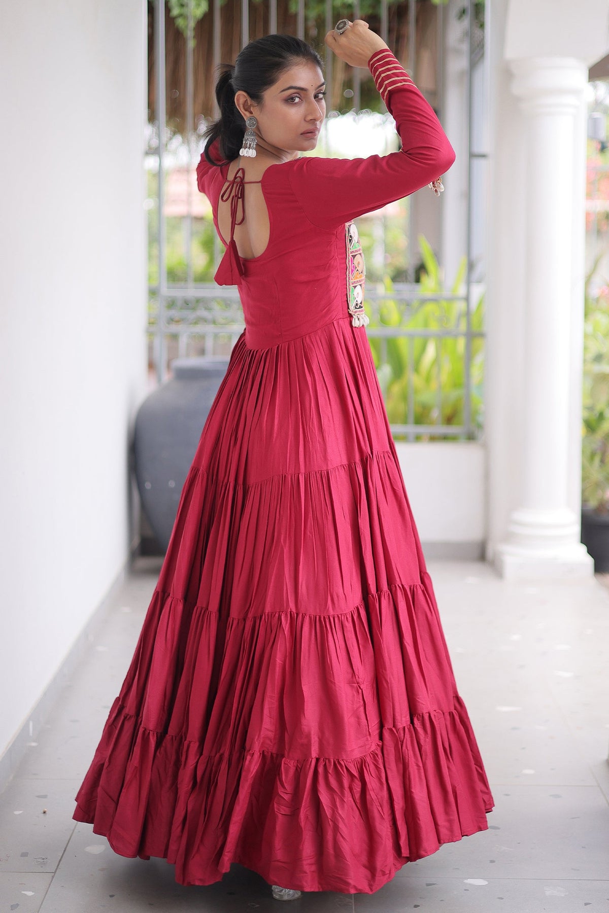 Maroon Rayon Kachchi Mirror Worked Anarkali Kurti