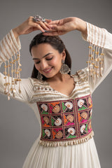 Pearl White Rayon Kachchi Mirror Worked Anarkali Kurti