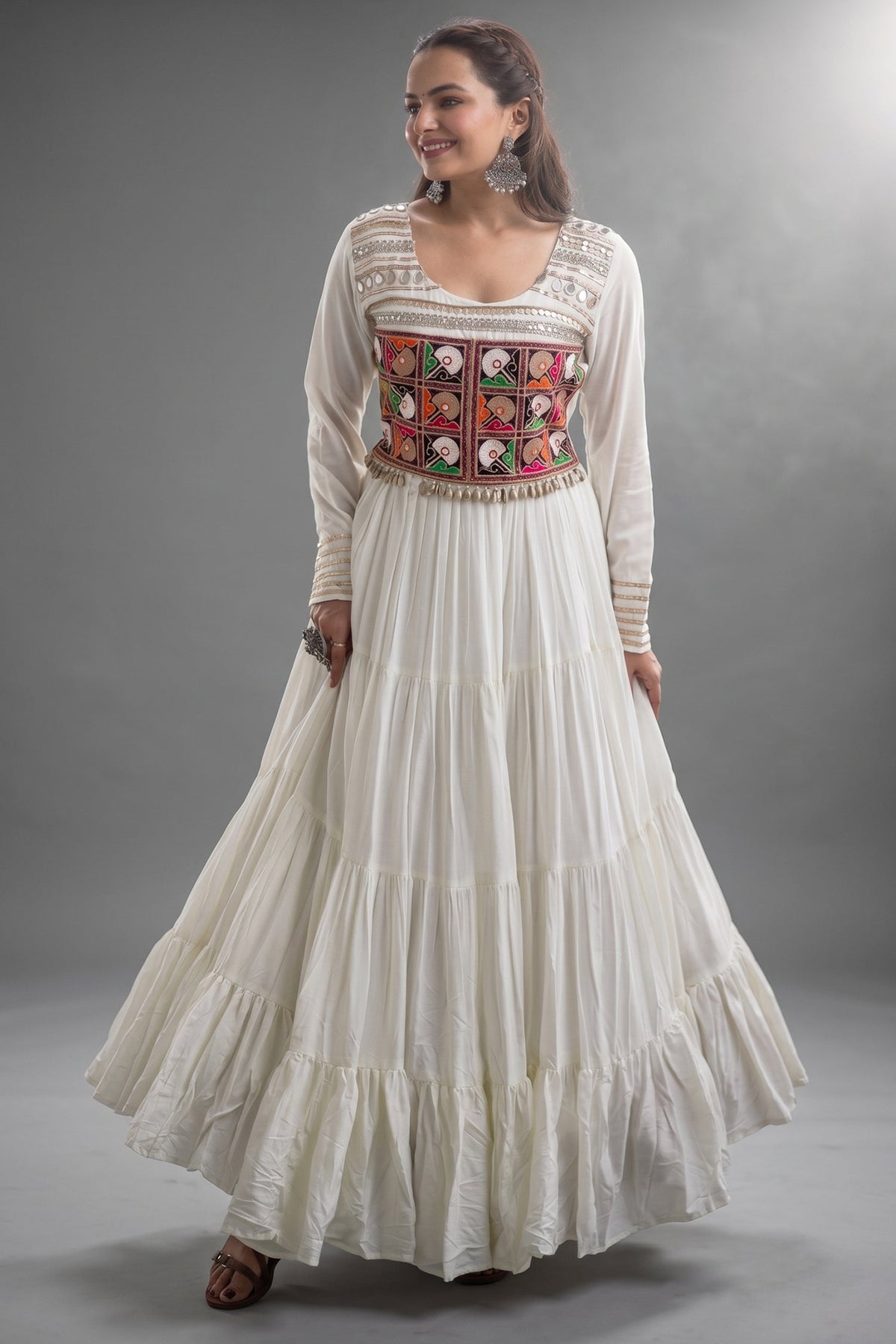Pearl White Rayon Kachchi Mirror Worked Anarkali Kurti