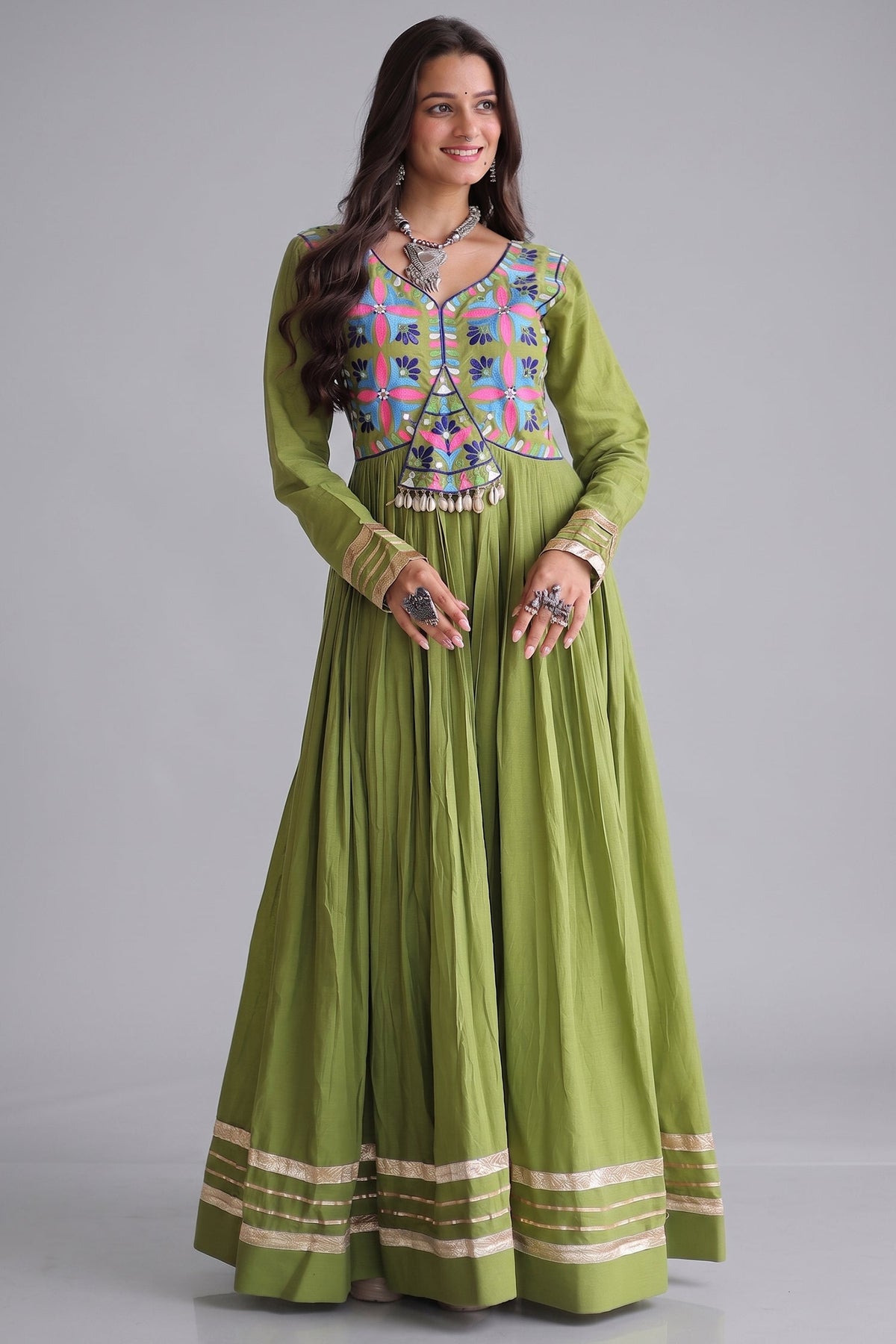 Green Cotton Embroidered Anarkali Flared Kurti