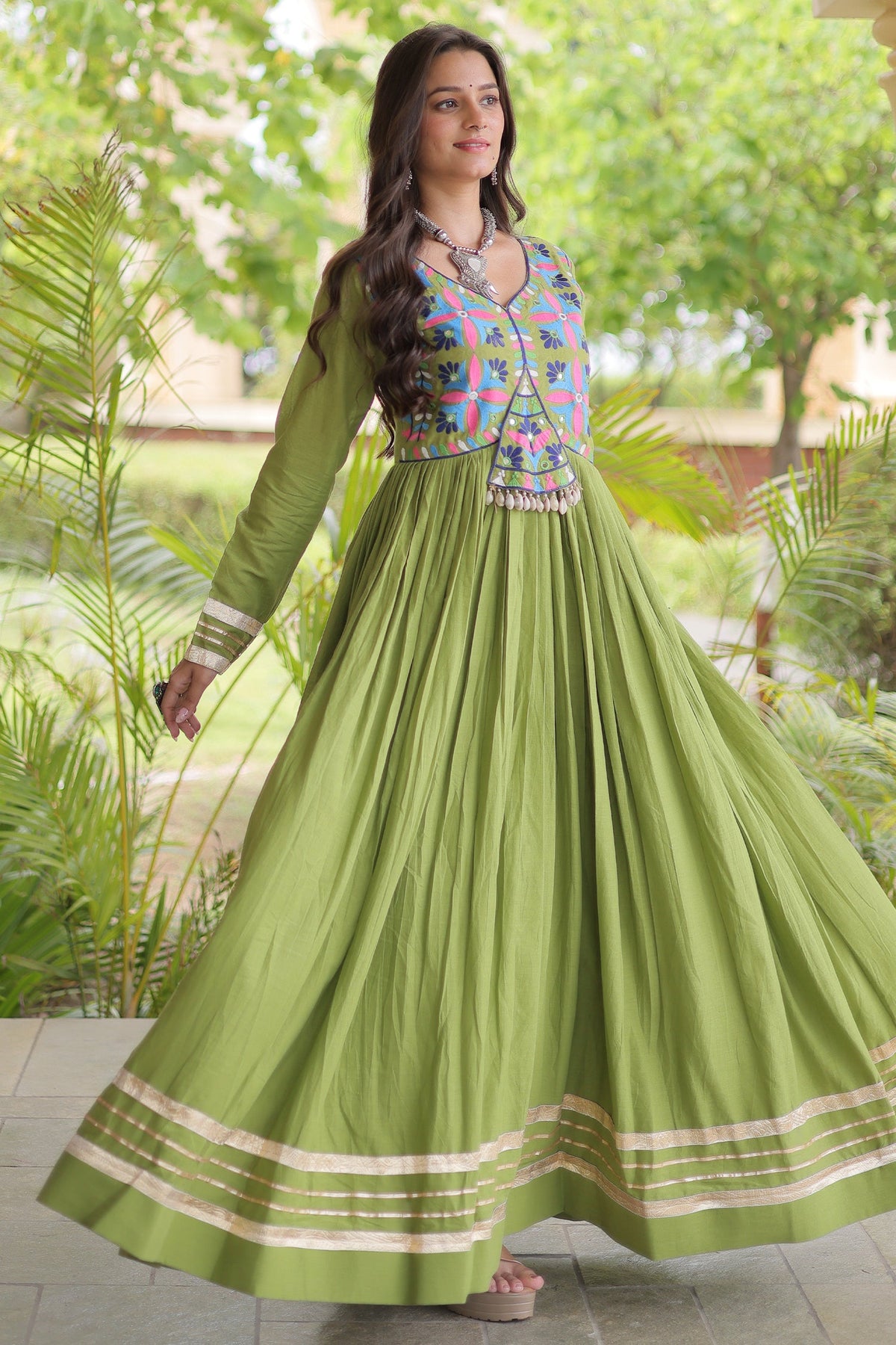 Green Cotton Embroidered Anarkali Flared Kurti