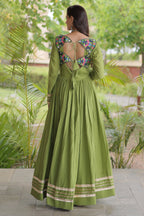 Green Cotton Embroidered Anarkali Flared Kurti