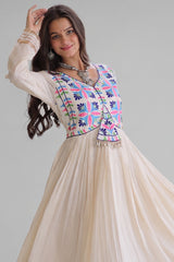 White Cotton Embroidered Anarkali Flared Kurti
