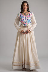 White Cotton Embroidered Anarkali Flared Kurti
