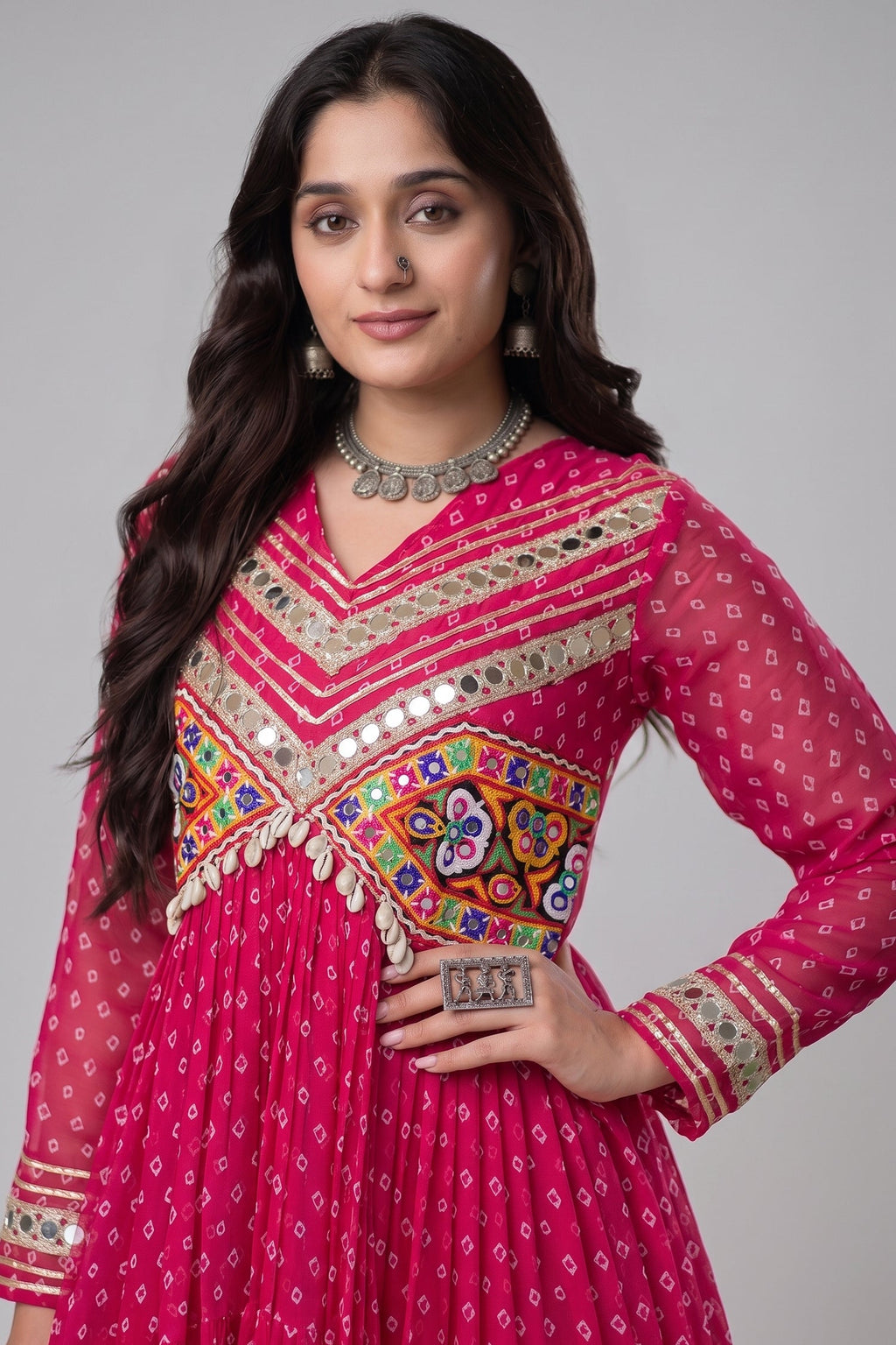 Pink Georgette Bandhej Printed Anarkali Kurti with Kachchi Work