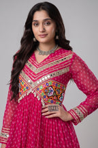 Pink Georgette Bandhej Printed Anarkali Kurti with Kachchi Work