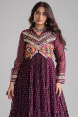 Purple Georgette Bandhej Printed Anarkali Kurti with Kachchi Work