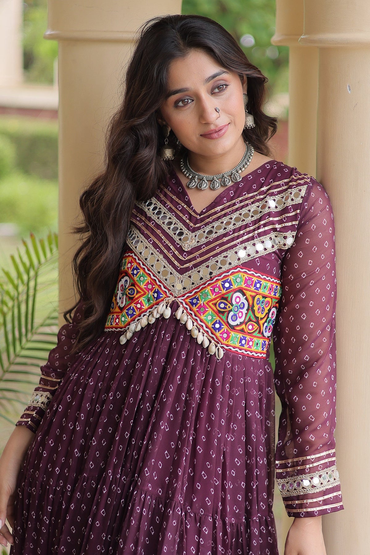 Purple Georgette Bandhej Printed Anarkali Kurti with Kachchi Work