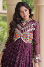 Purple Georgette Bandhej Printed Anarkali Kurti with Kachchi Work