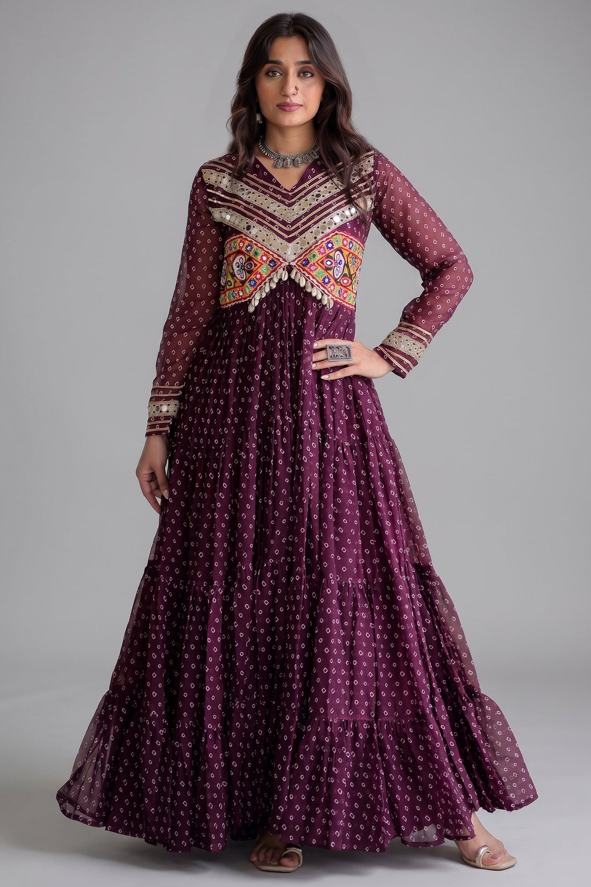 Purple Georgette Bandhej Printed Anarkali Kurti with Kachchi Work
