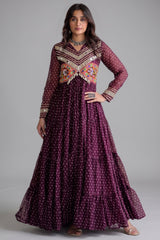 Purple Georgette Bandhej Printed Anarkali Kurti with Kachchi Work