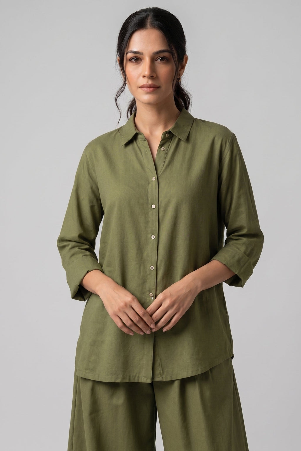 Moss Green Cotton Shirt & Wide Leg Co-Ord Set