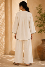 Off White Cotton V Neck Co-Ord Set with Contrast Piping