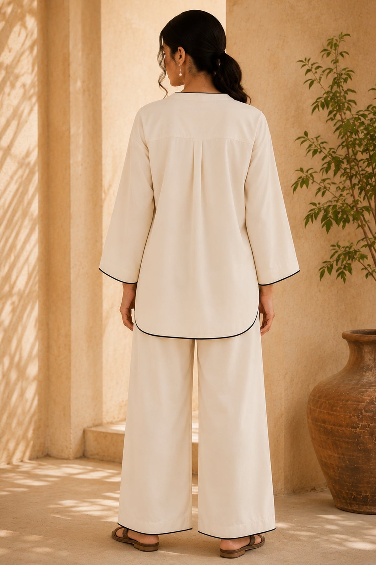 Off White Cotton V Neck Co-Ord Set with Contrast Piping