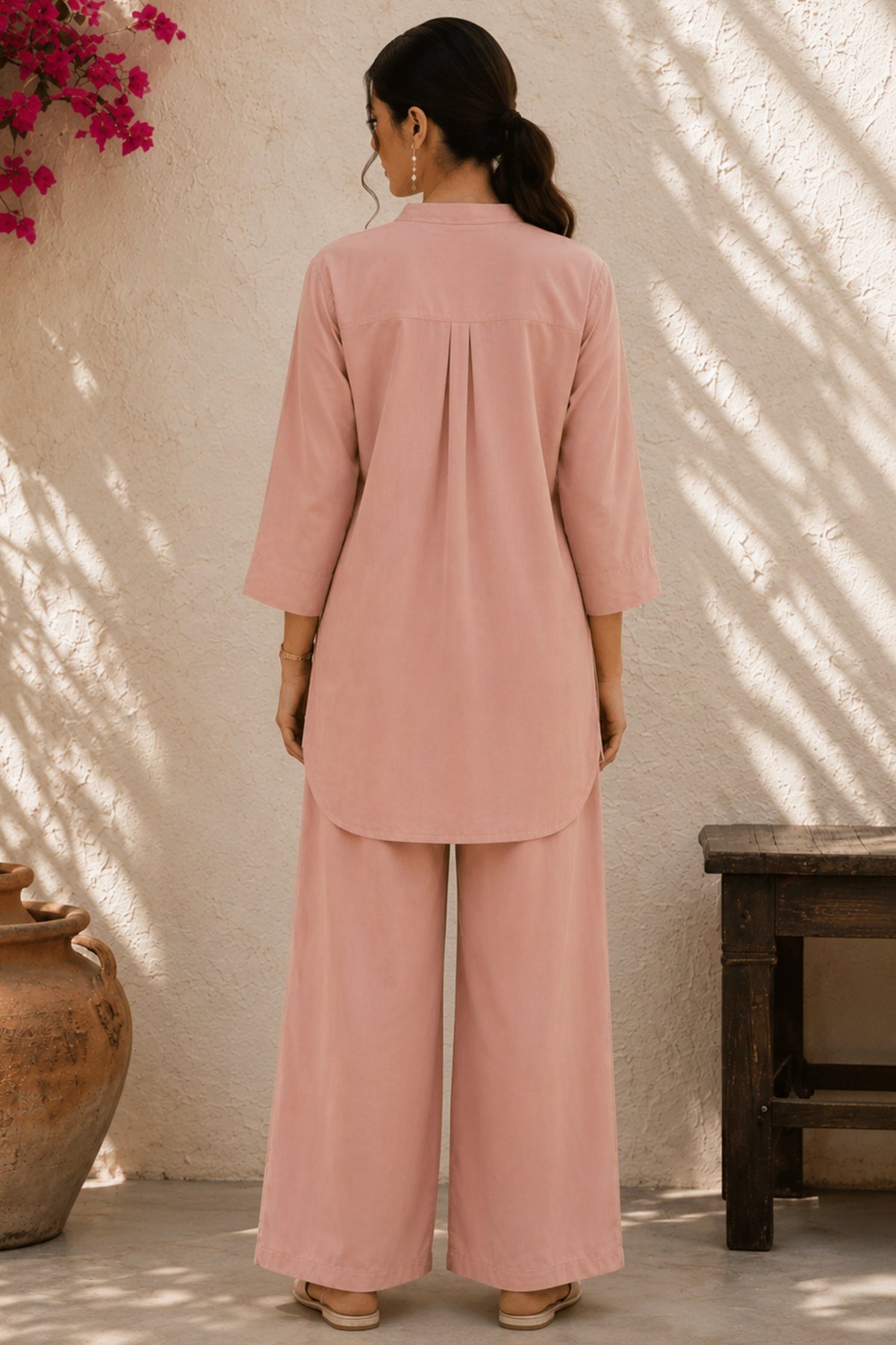Dusty Pink Pure Cotton Shirt Set with Pleated Yoke & Palazzo