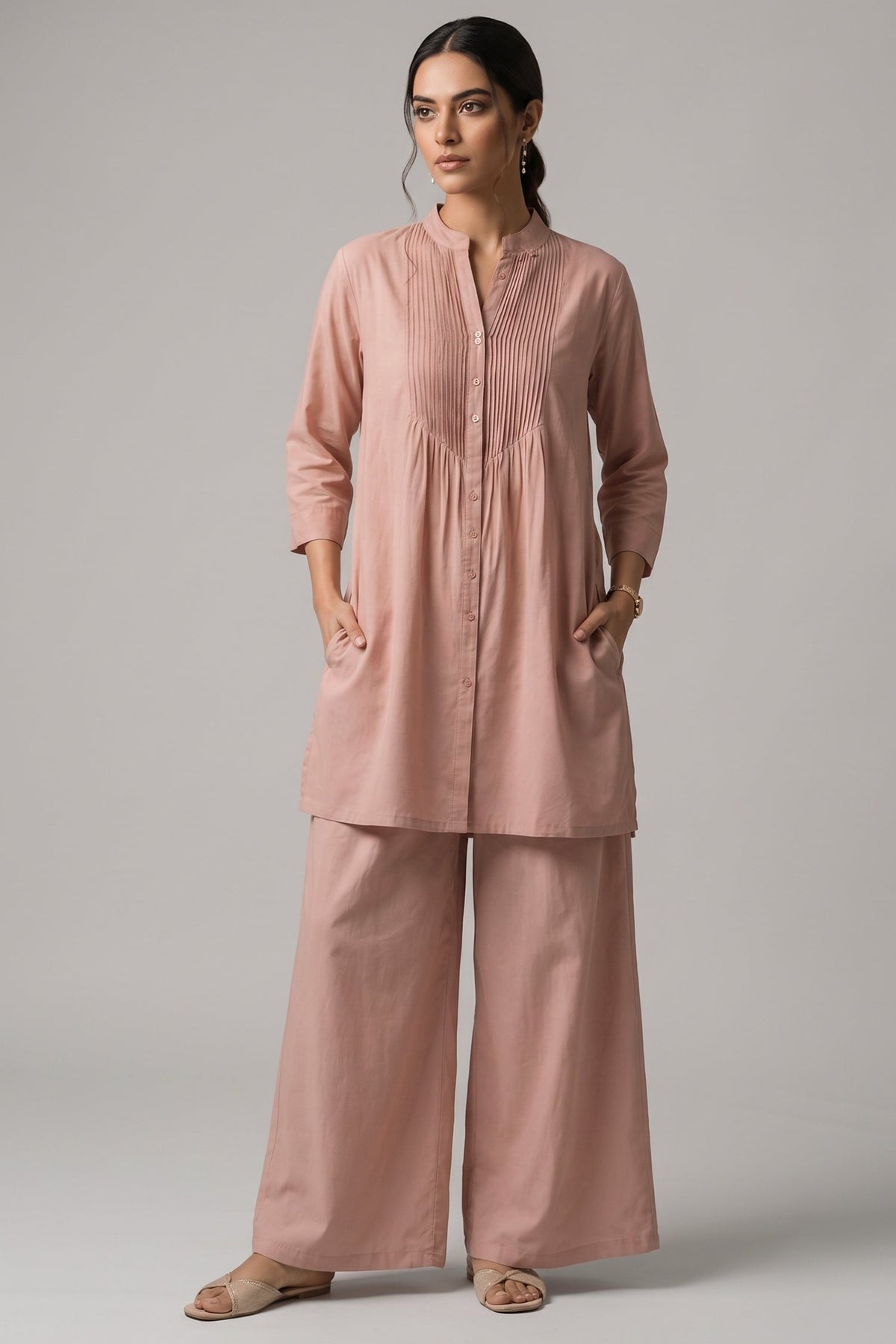 Dusty Pink Pure Cotton Shirt Set with Pleated Yoke & Palazzo