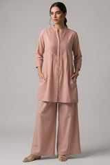 Dusty Pink Pure Cotton Shirt Set with Pleated Yoke & Palazzo