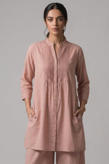 Dusty Pink Pure Cotton Shirt Set with Pleated Yoke & Palazzo