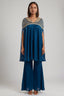 Teal Blue Satin Short Kaftan Top with Heavily Embroidered Neckline