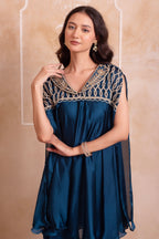 Teal Blue Satin Short Kaftan Top with Heavily Embroidered Neckline