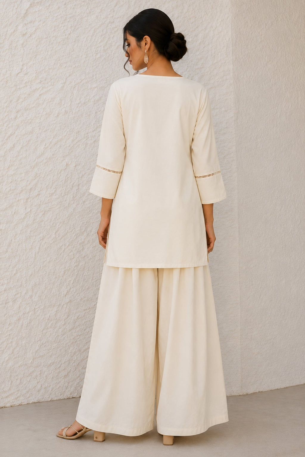 Off White Cotton Notch Neck Tunic & Wide Leg Palazzo Set