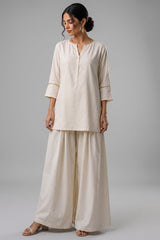 Off White Cotton Notch Neck Tunic & Wide Leg Palazzo Set