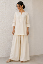 Off White Cotton Notch Neck Tunic & Wide Leg Palazzo Set