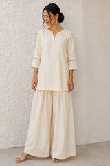Off White Cotton Notch Neck Tunic & Wide Leg Palazzo Set