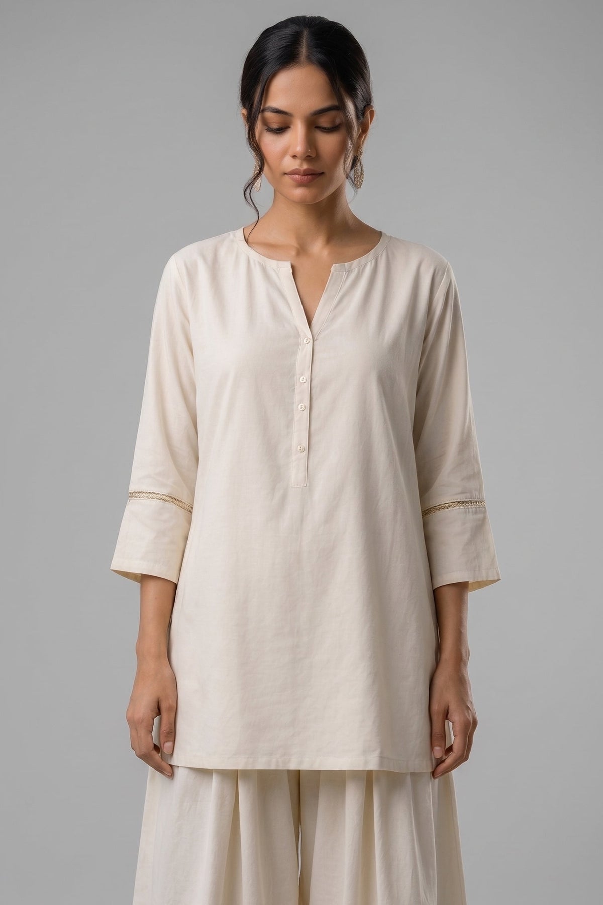 Off White Cotton Notch Neck Tunic & Wide Leg Palazzo Set
