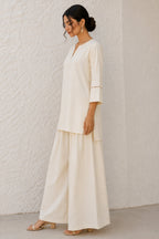 Off White Cotton Notch Neck Tunic & Wide Leg Palazzo Set