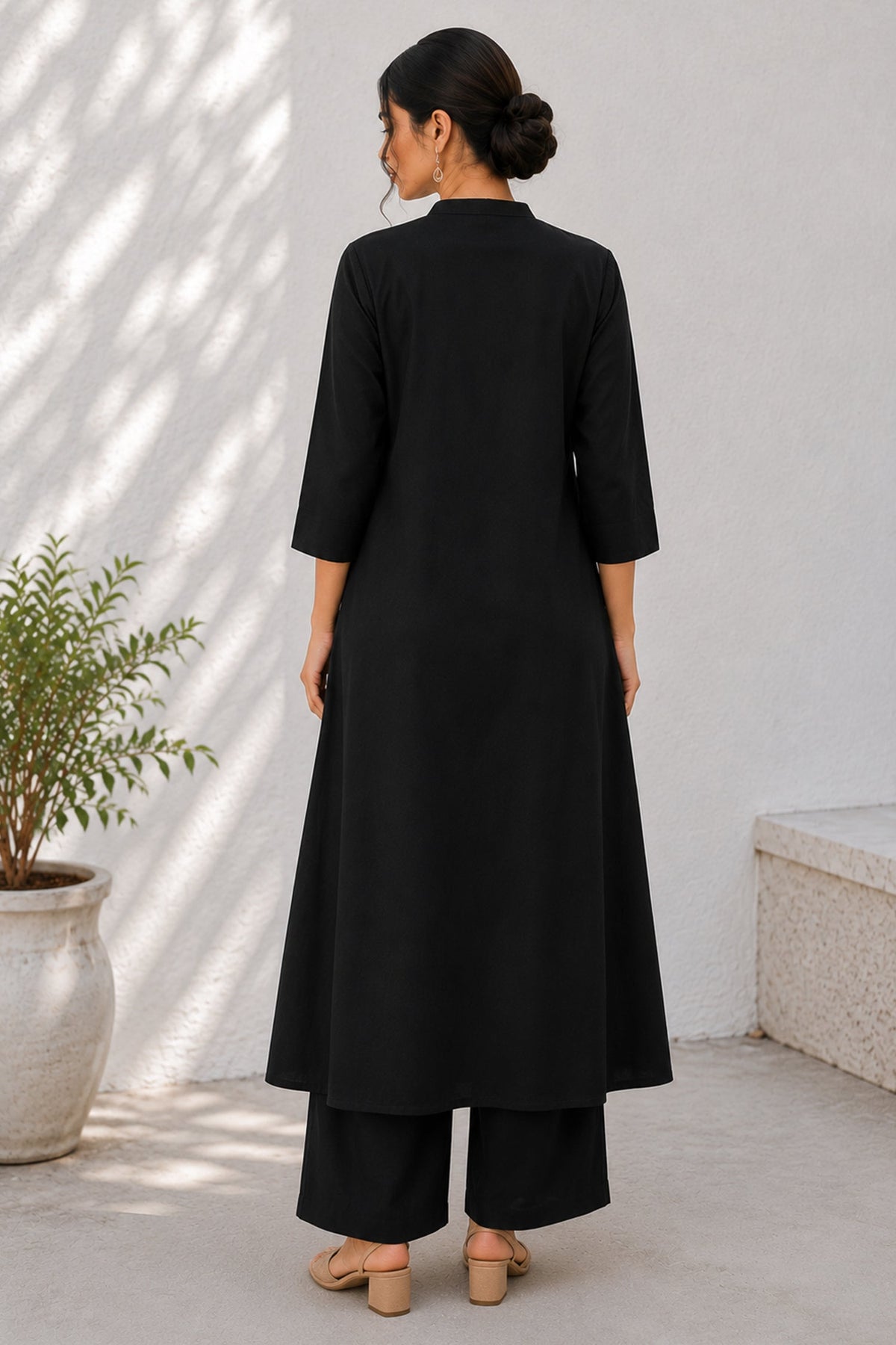Black Cotton Button Down Flared Kurta Set with Pockets