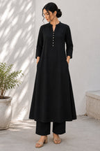 Black Cotton Button Down Flared Kurta Set with Pockets