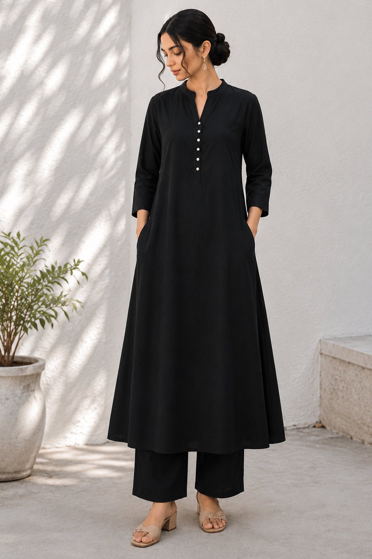 Black Cotton Button Down Flared Kurta Set with Pockets