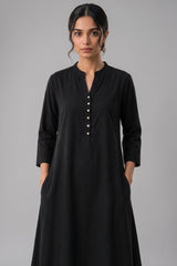 Black Cotton Button Down Flared Kurta Set with Pockets