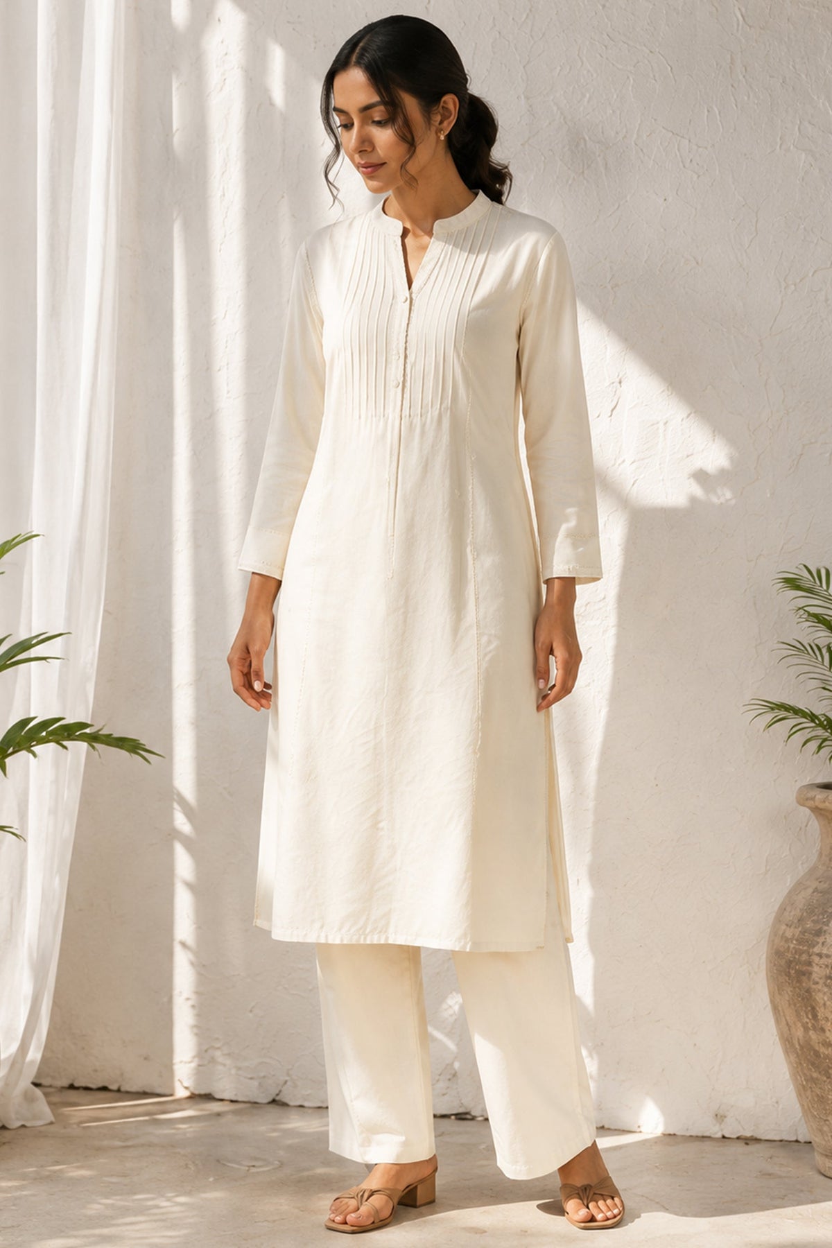 White Pin Tucked Cotton Straight Kurta & Pants Set