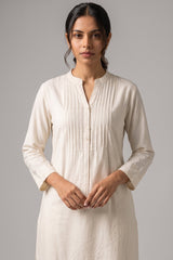 White Pin Tucked Cotton Straight Kurta & Pants Set