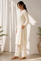 White Pin Tucked Cotton Straight Kurta & Pants Set